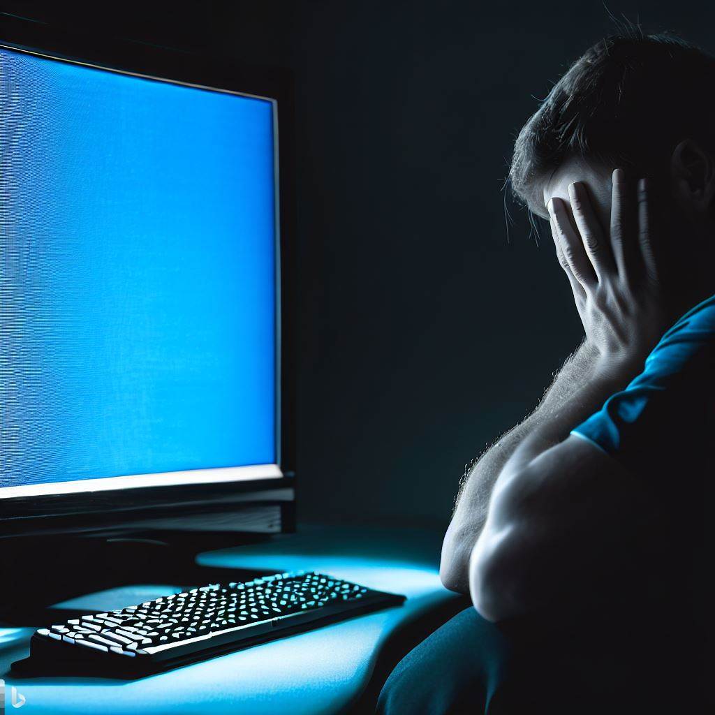 pc man crying in front of the screen